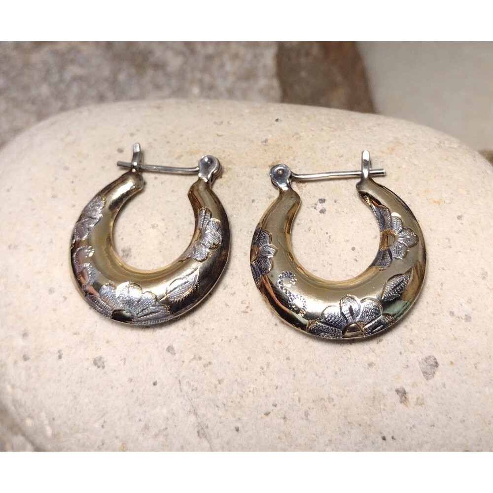 24KT Gold Over Sterling Floral Hoop Earrings - Gold - Picture 2 of 11